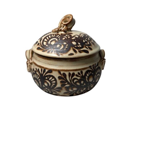 Hamilton Vtg 1989 Glazed Pottery brown & tan Botanical Motif #M-1846 - Picture 2 of 10